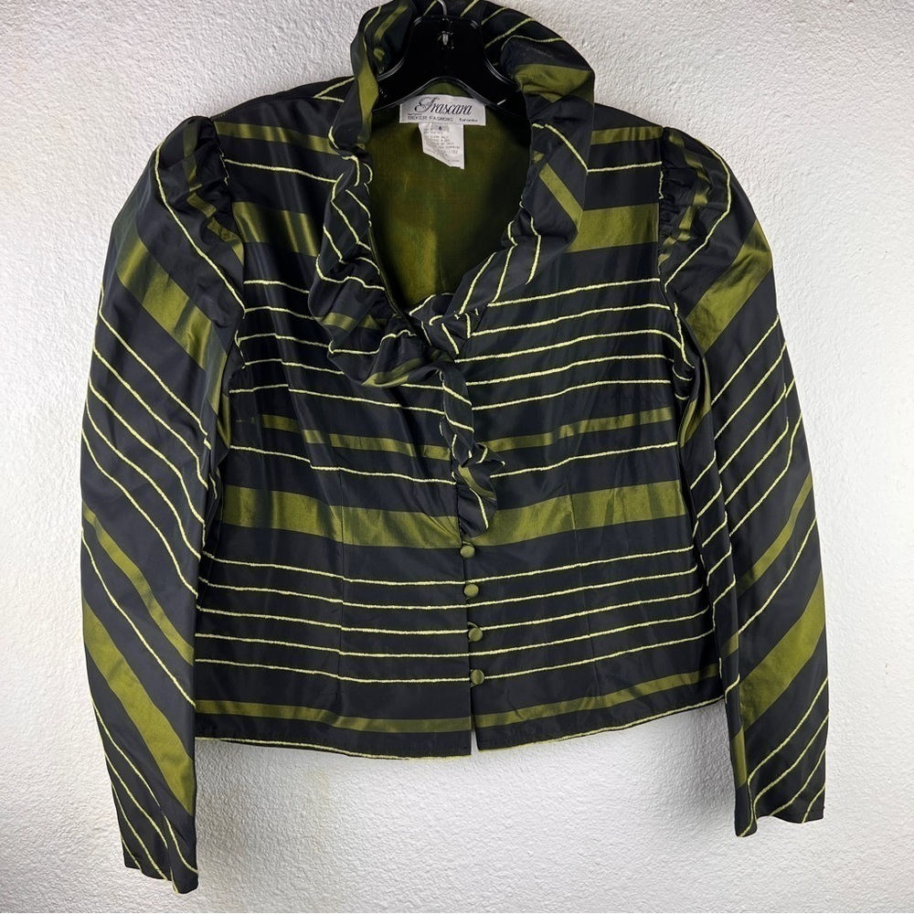 FRASCARA FOR BEKER FASHIONS Vibrant Olive Green & Black top. Stand up collar.